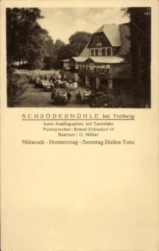 Ak Freiberg in Sachsen, Schrödermühle, Auto-Ausflugsplatz, Tanzdiele, Besitzer G. Möller, Freiber