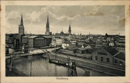 Ak Duisburg im Ruhrgebiet, Stadtansicht  Fluss, Schiffe, Türme,  Gebäude