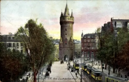 Ak Frankfurt am Main, Eschenheimer Turm, Straßenbahn, Bäume, Menschen
