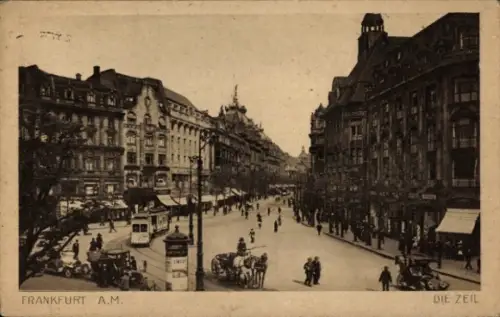 Ak Frankfurt am Main, Frankfurt A.M., Die Zeil, Straßenansicht, Menschen, Pferdewagen