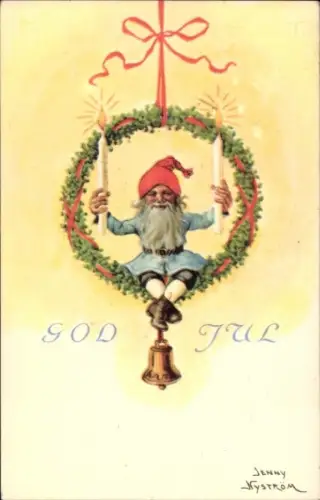 Künstler Ak Nyström, Jenny, Frohe Weihnachten, Zwerg mit Kerzen, Kranz, Glocke
