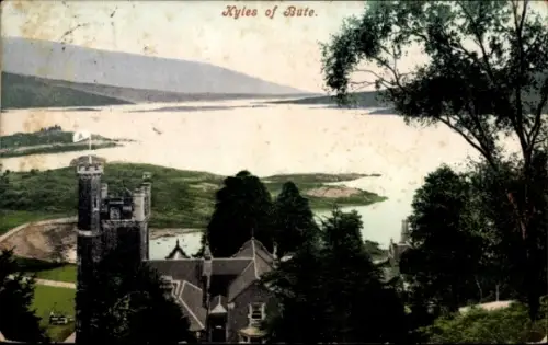 Ak Kyles of Bute Schottland,  Landschaft, Wasser, Bäume, Gebäude