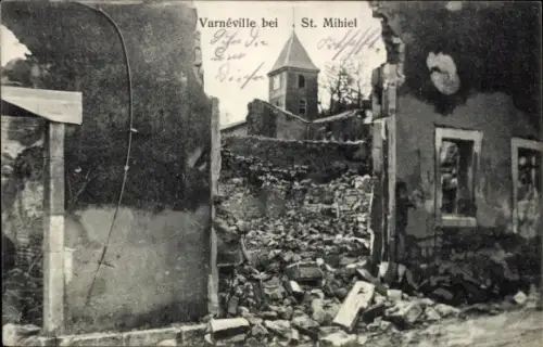 Ak Varnéville Meuse, Zerstörte Gebäude, Ruinen, Kirche, Ortsschild Varnéville, St. Mihiel