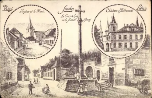 Ak Vimy Pas de Calais,  Eglise et le Mont, Souchez, La Croix Gig, Chateau & Rollercourt, Lievin