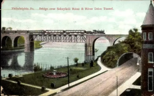 Ak Philadelphia Pennsylvania USA, Brücke über den Schuylkill River, Zug auf der Brücke, Flussland