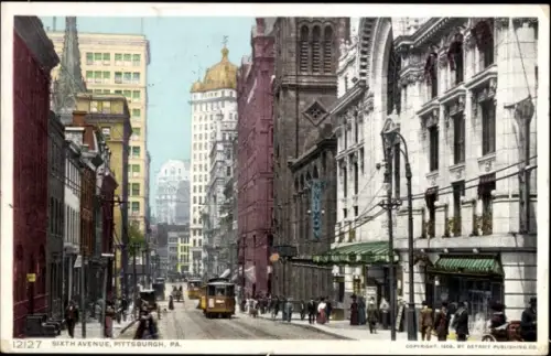 Ak Pittsburgh Pennsylvania USA, Sechste Avenue,  Straßenansicht, Straßenbahn,  Gebäude