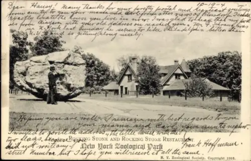 Ak Bronx New York City USA, Großer Stein, Restaurant, New York Zoological Park, zwei Flaggen