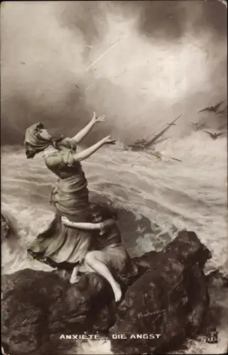 Künstler Ak Anxiete, Die Angst, Frau mit Kind auf dem Fels, Sturmkatastrophe, Schiff