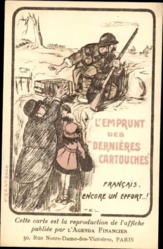 Künstler Ak L'Emprunt des Dernières Cartouches, französische Kriegsanleihe
