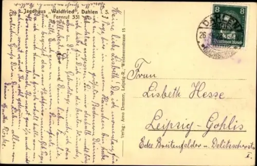 Ak Dahlen in Sachsen, Jagdhaus Waldfried