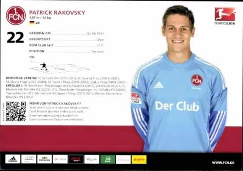 Autogrammkarte Fußballer Patrick Rakovsky, 1. FC Nürnberg, Autogramm