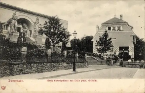 Ak Darmstadt in Hessen, Ernst Ludwig-Haus mit Villa Prof. Olbrich