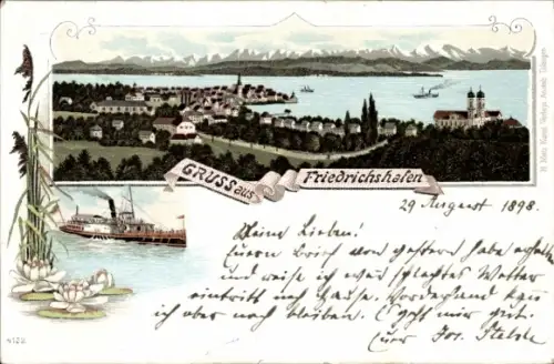 Litho Friedrichshafen am Bodensee, Panoramablick auf die Stadt, Dampfer