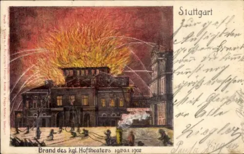 Künstler Ak Stuttgart in Württemberg, Brand des Hoftheaters 19-20. Januar 1902
