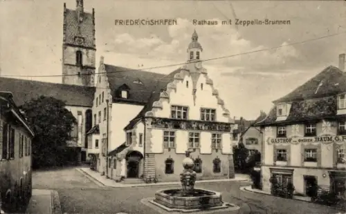 Ak Friedrichshafen am Bodensee, Rathaus mit Zeppelin-Brunnen, Gasthaus zum grünen Baum