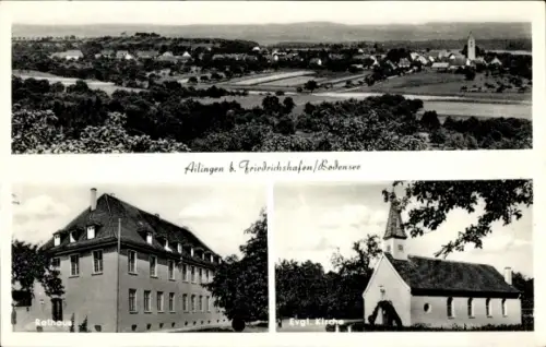 Ak Ailingen Friedrichshafen am Bodensee, Gesamtansicht, Rathaus, evangelische Kirche