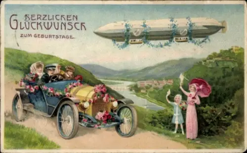 Präge Ak Glückwunsch Geburtstag, Zeppelin, Autofahrt