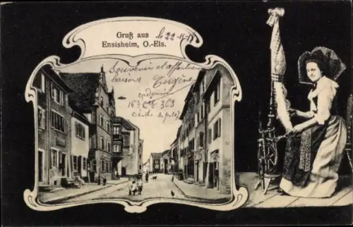 Passepartout Ak Ensisheim Haut Rhin Lothringen Elsass, Elsässerin in Tracht, Spinnrad, Straße