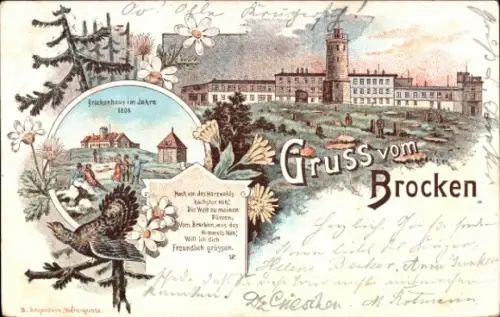 Litho Brocken Nationalpark Harz, Brockenhaus im Jahre 1806, Aussichtsturm