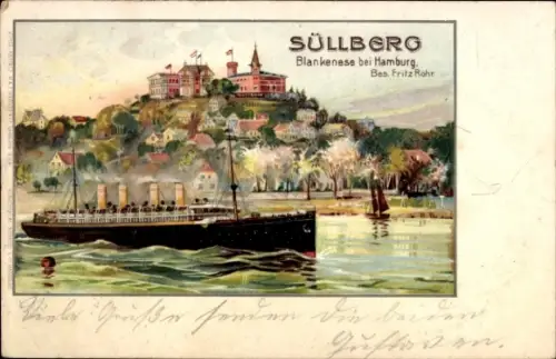 Litho Hamburg Altona Blankenese, Süllberg, Dampfer auf der Elbe