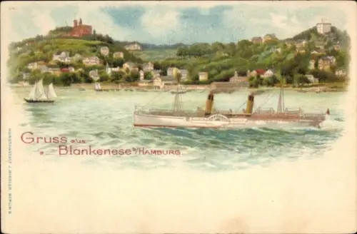 Litho Hamburg Altona Blankenese, Süllberg, Salondampfer auf der Elbe, Segelboot