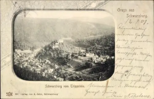 Passepartout Ak Schwarzburg in Thüringen, Blick vom Trippstein, Gesamtansicht