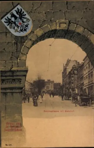 Wappen Ak Saarbrücken im Saarland, Reichstraße, Bahnhof