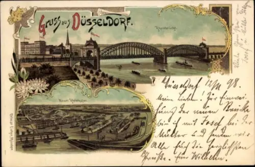 Litho Düsseldorf am Rhein, Rheinbrücke, Neuer Rheinhafen