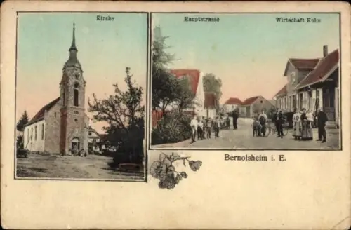 Ak Bernolsheim Elsass Bas Rhin, Kirche, Hauptstraße, Wirtschaft Kuhn