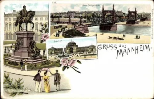 Litho Mannheim in Baden Württemberg, Stadtansichten, Denkmal, Bahnhof, Neckarbrücke