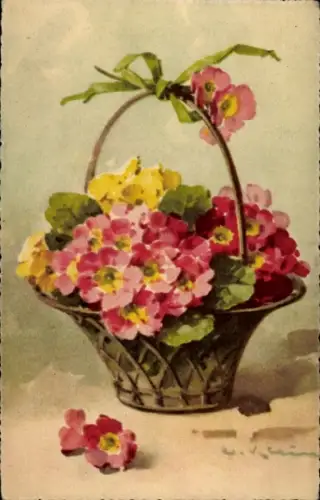 Künstler Ak Klein, Catharina, Blumenkorb, Primeln