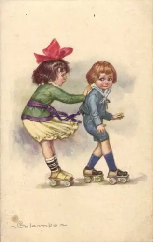 Künstler Ak Colombo, E., Kinder auf Rollschuhen