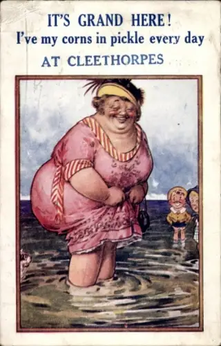 Künstler Ak Cleethorpes Yorkshire England, Dicke Frau steht im Meer