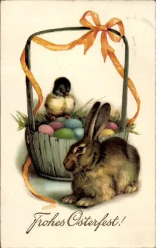 Ak Frohe Ostern, Osterhase, Korb mit Ostereiern, Küken