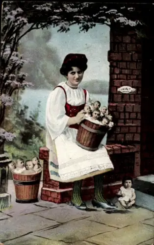 Ak Frau in Tracht, Babys in Eimern, Fotomontage