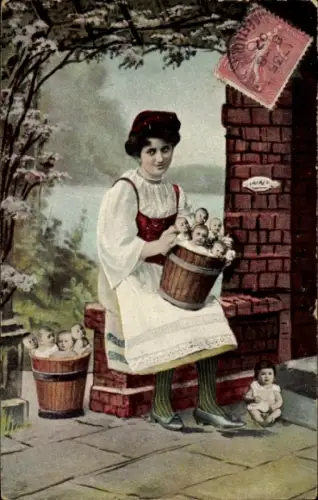 Ak Frau in Tracht, Babys in Eimern, Fotomontage