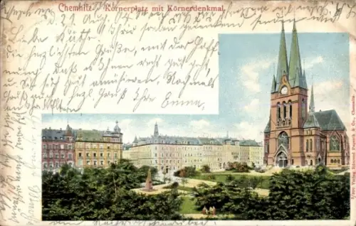 Ak Chemnitz in Sachsen,  Körnerplatz, Körnerdenkmal, Stadtansicht, 