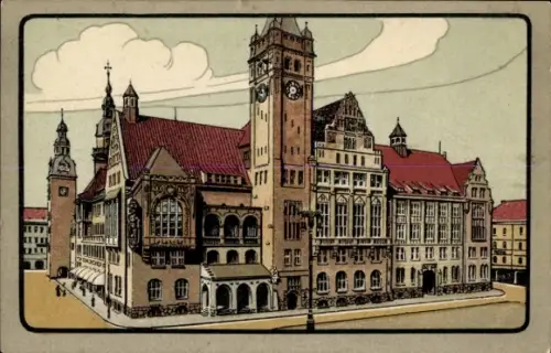 Ak Chemnitz in Sachsen, Neues Rathaus,  farbige Illustration, Uhrturm,  Architektur