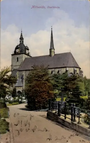 Ak Mittweida in Sachsen, Stadtkirche  Bäume, Weg, Zaun, 