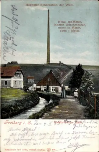 Ak Freiberg in Sachsen, Höchster Schornstein, 140 Meter hoch,  Landschaft mit Häusern