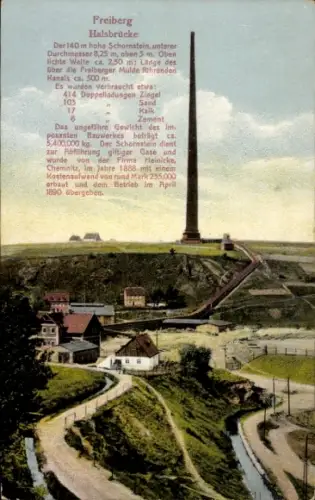 Ak Freiberg in Sachsen,  Halsbrücke, 140 m hoher Schornstein, Bauwerk, Ziegel, 1888 erbaut