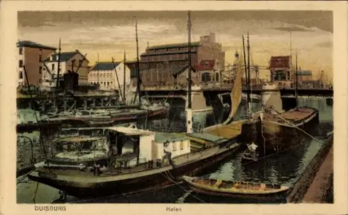 Ak Ruhrort Duisburg im Ruhrgebiet, Hafen von  Boote, Wasser, Gebäude