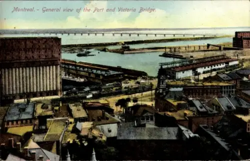 Ak Montreal Québec Kanada, Blick auf den Hafen, Victoria Bridge, Stadtansicht, farbige 