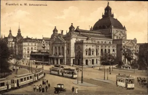 Ak Frankfurt am Main, Frankfurt a. M. Schauspielhaus, Straßenbahnen,  Architektur