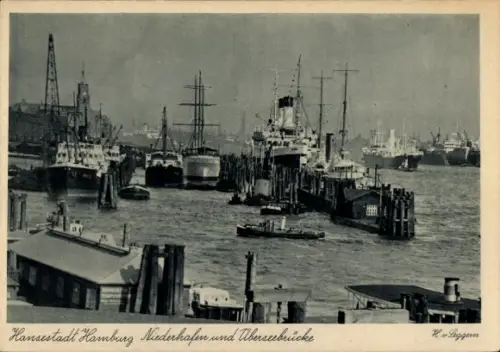 Ak Hamburg Mitte St. Pauli, Niederhafen und Überseebrücke