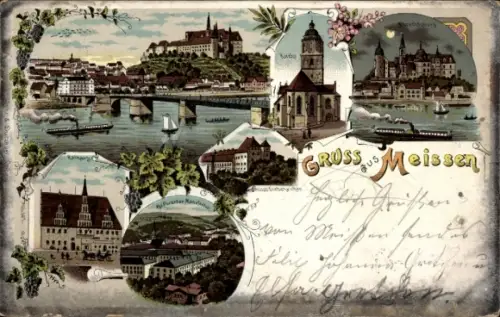 Litho Meißen an der Elbe, Albrechtsburg, Brücke, Kirche