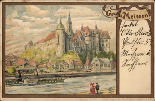 Künstler Ak Meißen an der Elbe, Albrechtsburg, Dampfer