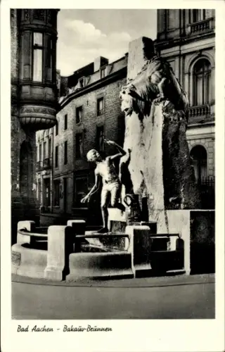 Ak Aachen, Brunnen mit Statue, Junge, Pferd,  Schwarz-Weiß