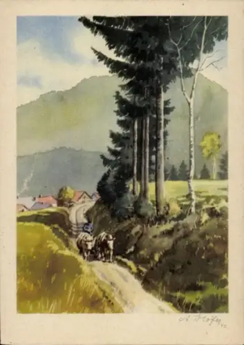 Künstler Ak Höfer, A., Im Fichtelgebirge, Ochsenkarren