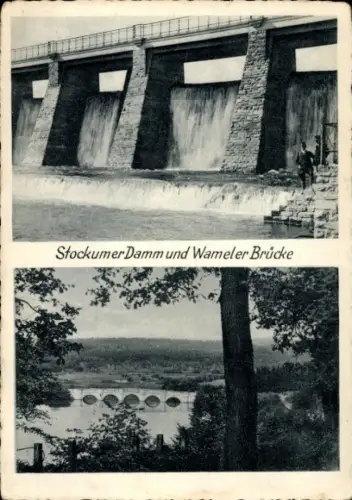 Ak Möhnesee in Westfalen, Möhnetalsperre, Stockumer Damm und Wameler Brücke